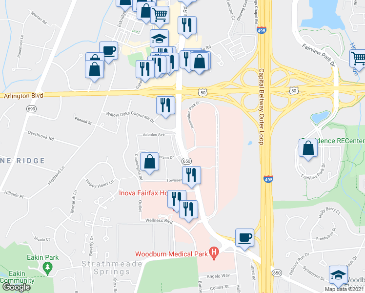 map of restaurants, bars, coffee shops, grocery stores, and more near 3225 Gallows Road in Falls Church