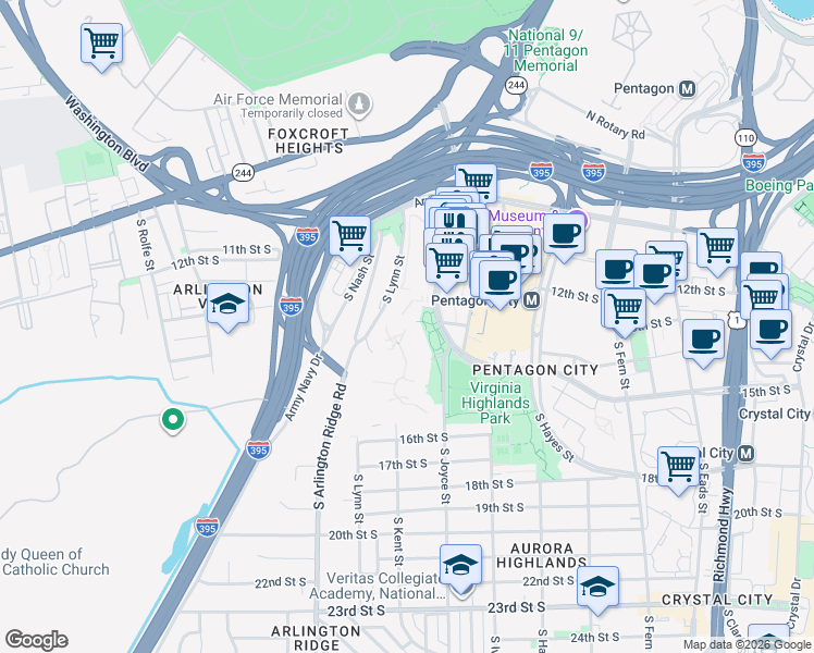 map of restaurants, bars, coffee shops, grocery stores, and more near 1400 South Joyce Street in Arlington