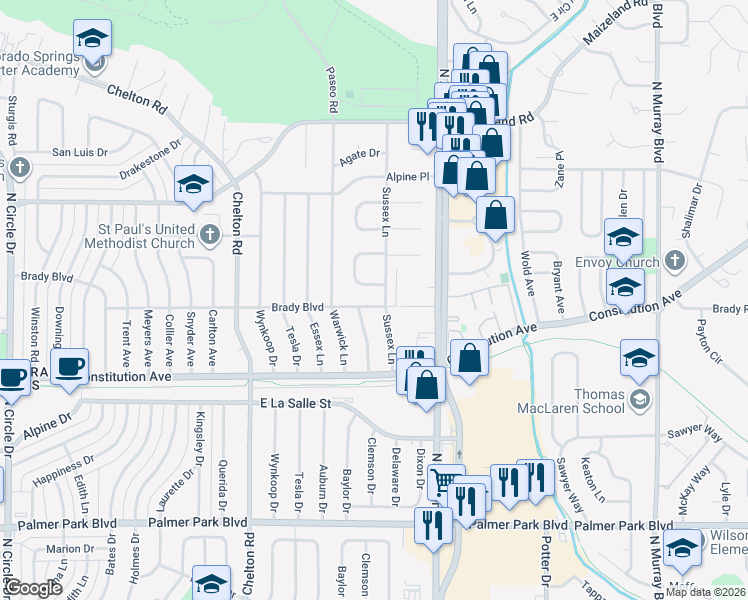 map of restaurants, bars, coffee shops, grocery stores, and more near 3630 Brady Blvd in Colorado Springs