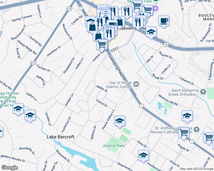 map of restaurants, bars, coffee shops, grocery stores, and more near 6240 Cheryl Drive in Falls Church
