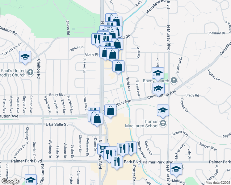 map of restaurants, bars, coffee shops, grocery stores, and more near 1969 North Academy Boulevard in Colorado Springs