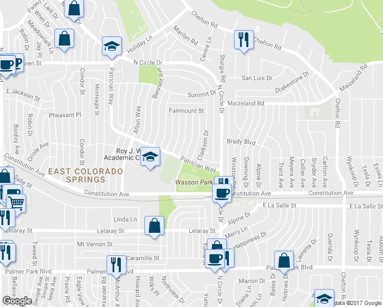 map of restaurants, bars, coffee shops, grocery stores, and more near 2111 Glenn Summer Road in Colorado Springs