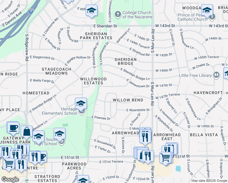 map of restaurants, bars, coffee shops, grocery stores, and more near 1940 East Osage Circle in Olathe