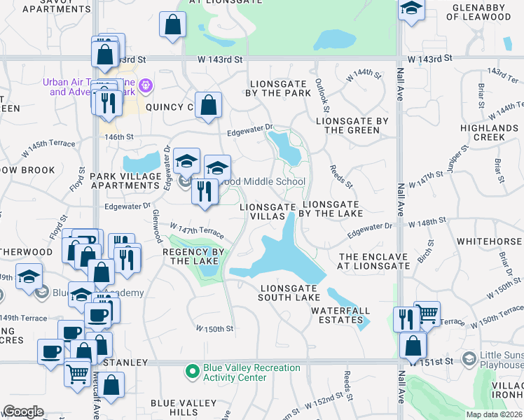 map of restaurants, bars, coffee shops, grocery stores, and more near 6109 West 147th Street in Overland Park