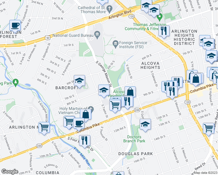 map of restaurants, bars, coffee shops, grocery stores, and more near 716 South George Mason Drive in Arlington