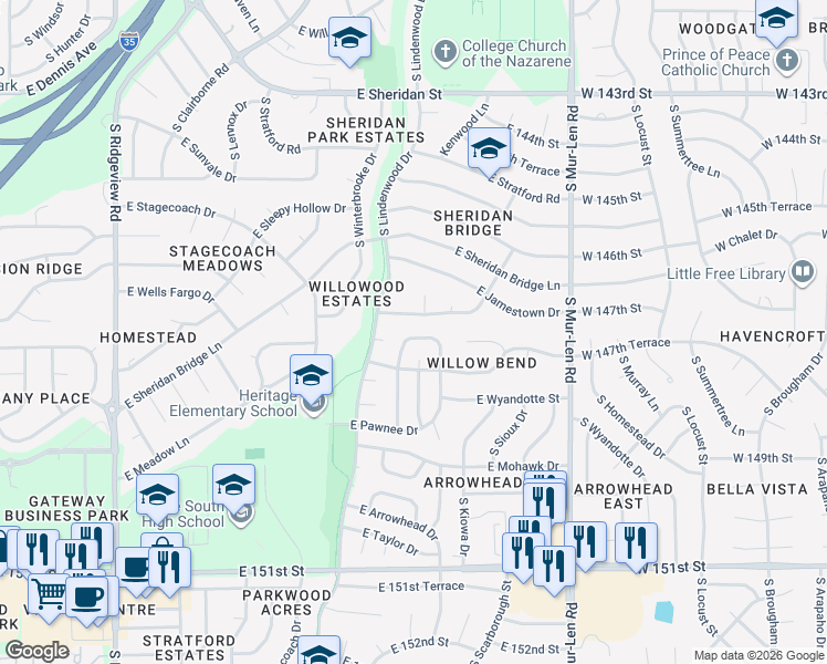 map of restaurants, bars, coffee shops, grocery stores, and more near 1940 East Osage Circle in Olathe