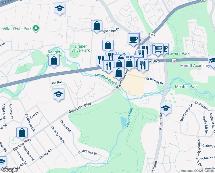 map of restaurants, bars, coffee shops, grocery stores, and more near 9616 Ridge Avenue in Fairfax