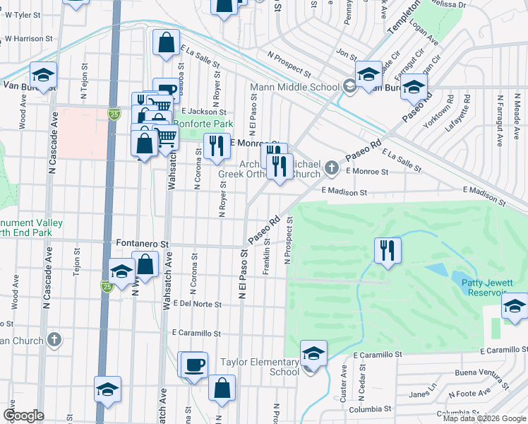 map of restaurants, bars, coffee shops, grocery stores, and more near 2012 North Franklin Street in Colorado Springs