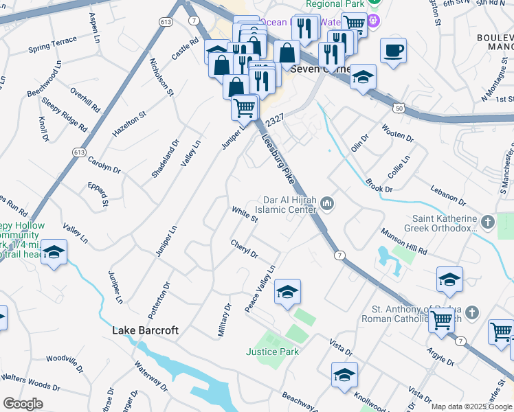 map of restaurants, bars, coffee shops, grocery stores, and more near 6240 Cheryl Drive in Falls Church