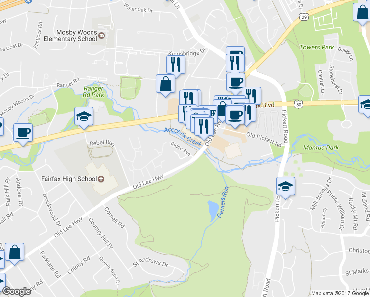 map of restaurants, bars, coffee shops, grocery stores, and more near 9616 Ridge Avenue in Fairfax