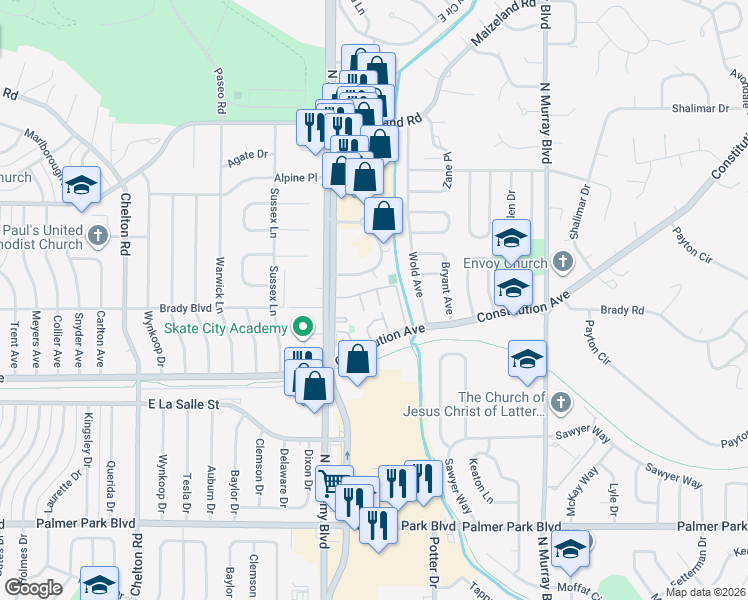 map of restaurants, bars, coffee shops, grocery stores, and more near 1969 North Academy Boulevard in Colorado Springs