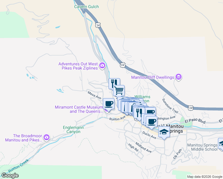 map of restaurants, bars, coffee shops, grocery stores, and more near 4 Waltham Avenue in Manitou Springs
