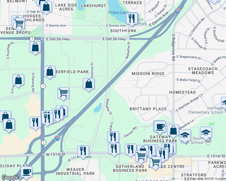 map of restaurants, bars, coffee shops, grocery stores, and more near 1105 E Sleepy Hollow Dr in Olathe