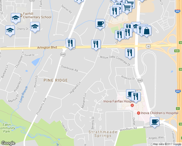 map of restaurants, bars, coffee shops, grocery stores, and more near 3139 Highland Lane in Fairfax