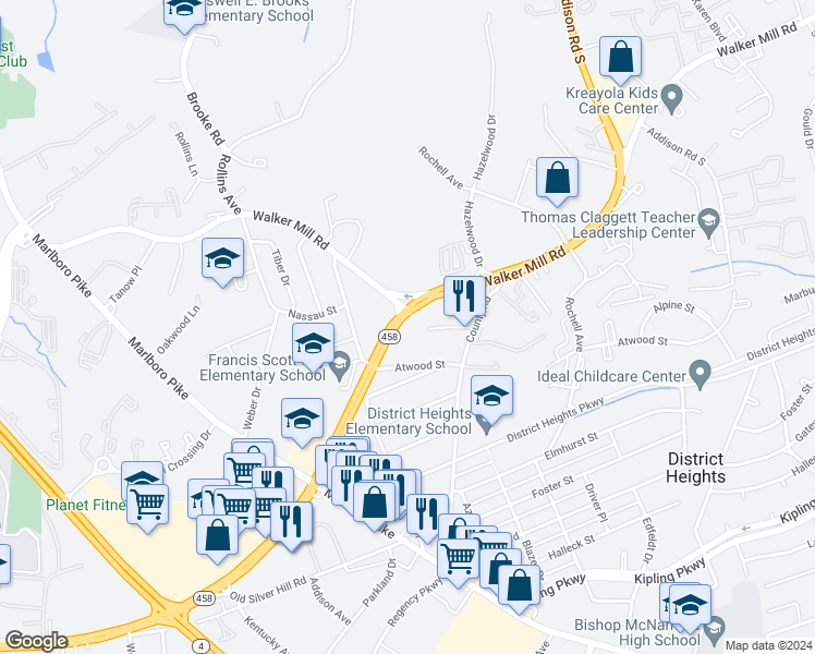 map of restaurants, bars, coffee shops, grocery stores, and more near 2017 County Road in District Heights