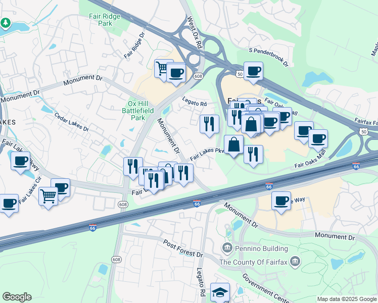 map of restaurants, bars, coffee shops, grocery stores, and more near 12128 Monument Drive in Fairfax