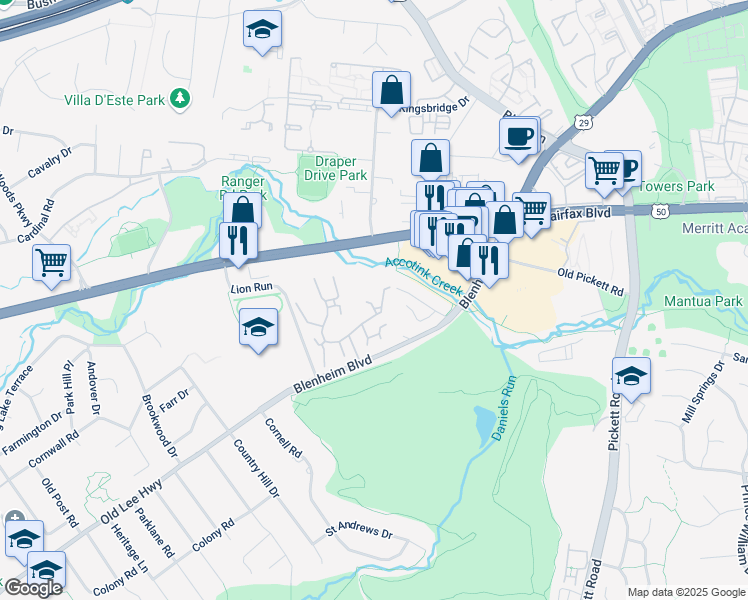 map of restaurants, bars, coffee shops, grocery stores, and more near 3304 Ginger Tree Court in Fairfax