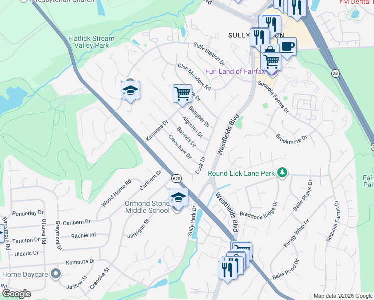 map of restaurants, bars, coffee shops, grocery stores, and more near 14628 Crenshaw Drive in Centreville