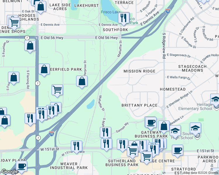 map of restaurants, bars, coffee shops, grocery stores, and more near 1105 East Sleepy Hollow Drive in Olathe