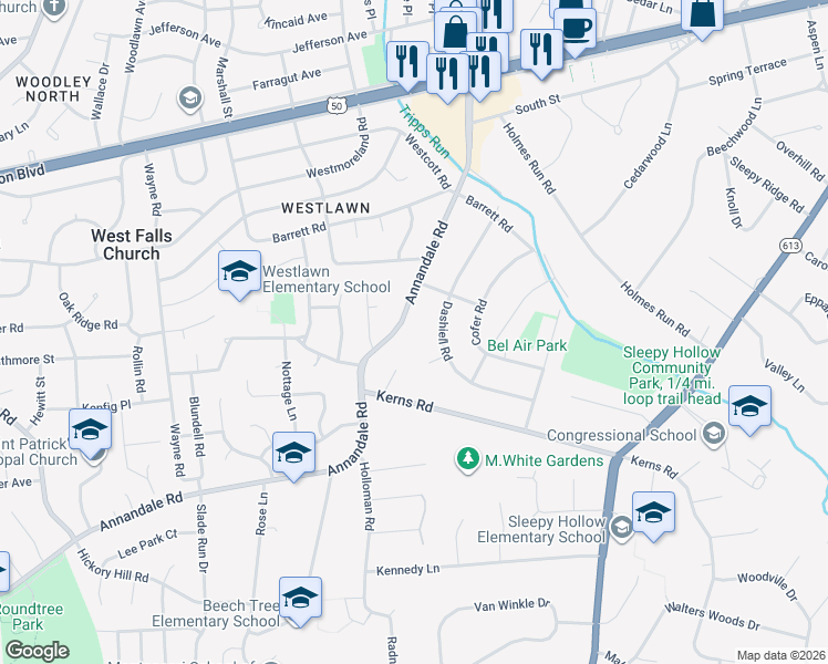 map of restaurants, bars, coffee shops, grocery stores, and more near 3149 Annandale Road in Falls Church