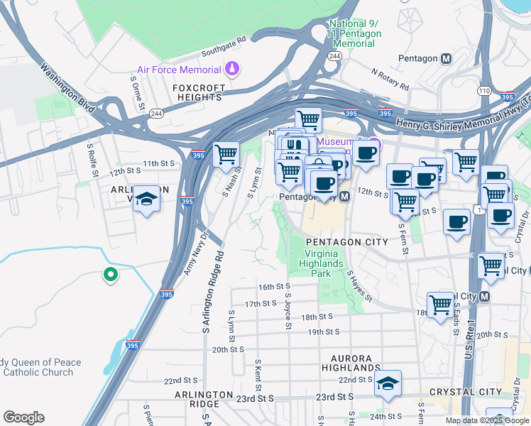 map of restaurants, bars, coffee shops, grocery stores, and more near 1400 South Joyce Street in Arlington