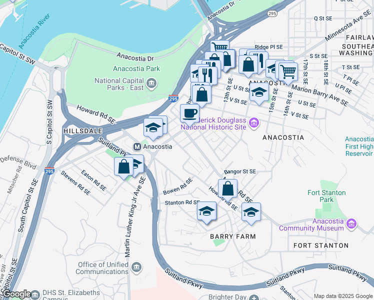map of restaurants, bars, coffee shops, grocery stores, and more near 1262 Talbert Street Southeast in Washington