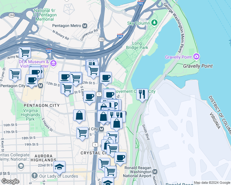 map of restaurants, bars, coffee shops, grocery stores, and more near 1300 Crystal Drive in Arlington