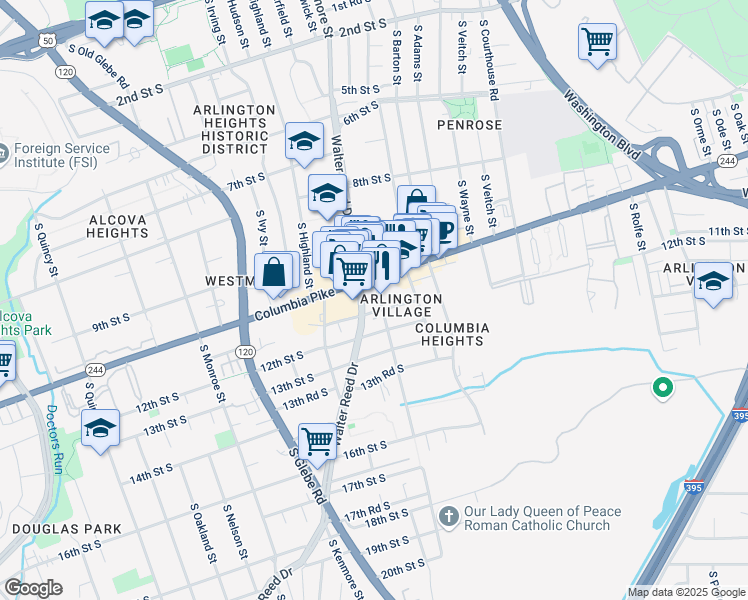 map of restaurants, bars, coffee shops, grocery stores, and more near 2820 Columbia Pike in Arlington