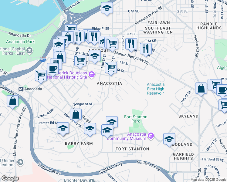 map of restaurants, bars, coffee shops, grocery stores, and more near 2319 Green Street Southeast in Washington