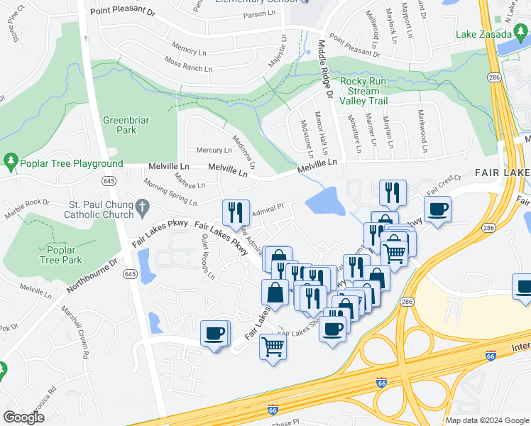 map of restaurants, bars, coffee shops, grocery stores, and more near 4541 Gossamer Way in Fairfax