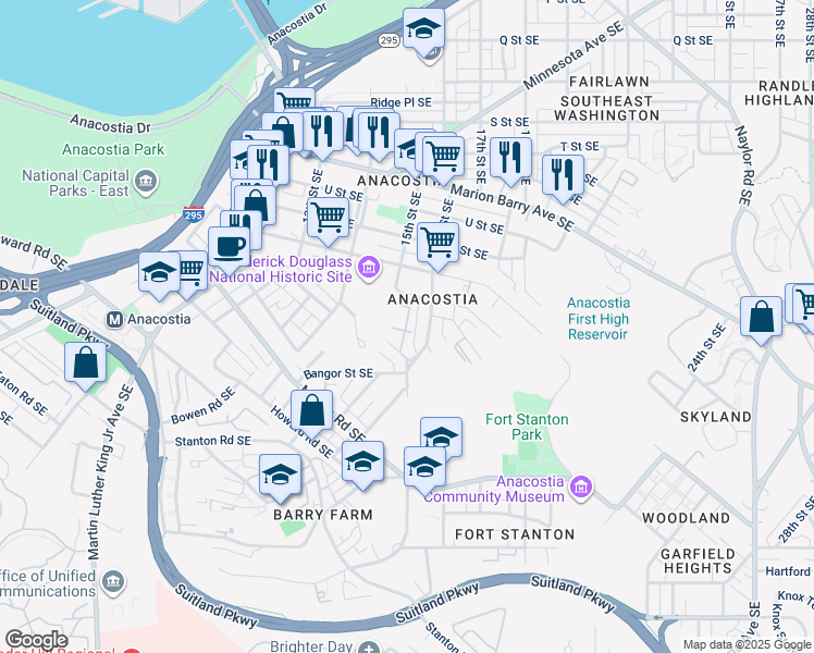 map of restaurants, bars, coffee shops, grocery stores, and more near 1510 Butler Street Southeast in Washington
