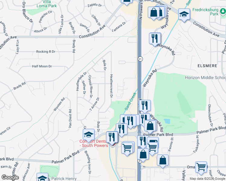 map of restaurants, bars, coffee shops, grocery stores, and more near 2065 Heathercrest Drive in Colorado Springs