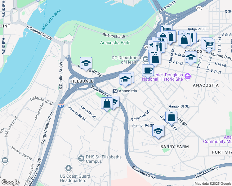 map of restaurants, bars, coffee shops, grocery stores, and more near 1107 Howard Road Southeast in Washington