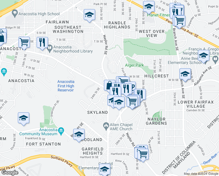 map of restaurants, bars, coffee shops, grocery stores, and more near 2643 Naylor Road Southeast in Washington