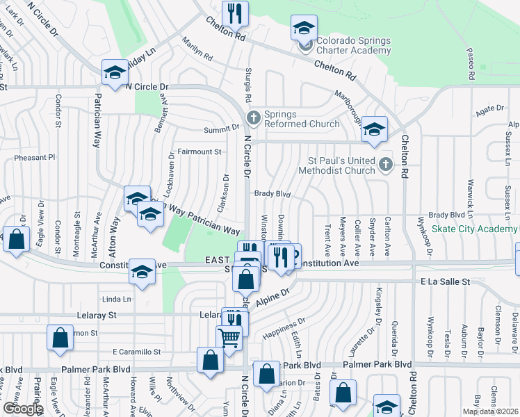 map of restaurants, bars, coffee shops, grocery stores, and more near 2024 Winston Road in Colorado Springs