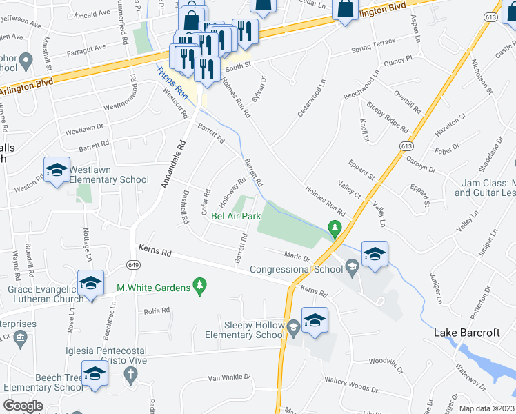 map of restaurants, bars, coffee shops, grocery stores, and more near 6630 Barrett Road in Falls Church