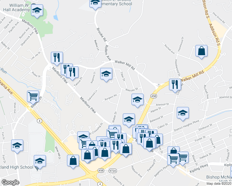 map of restaurants, bars, coffee shops, grocery stores, and more near 5806 Burgess Road in District Heights