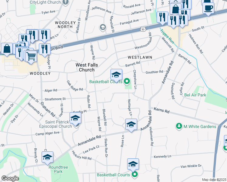 map of restaurants, bars, coffee shops, grocery stores, and more near 6918 Kenfig Drive in Falls Church