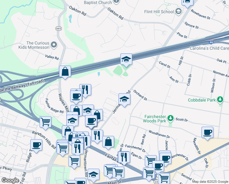 map of restaurants, bars, coffee shops, grocery stores, and more near 11100 Cavalier Court in Fairfax