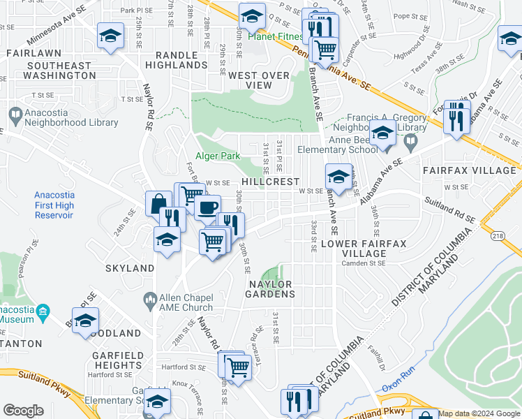 map of restaurants, bars, coffee shops, grocery stores, and more near 2217 31st Street Southeast in Washington