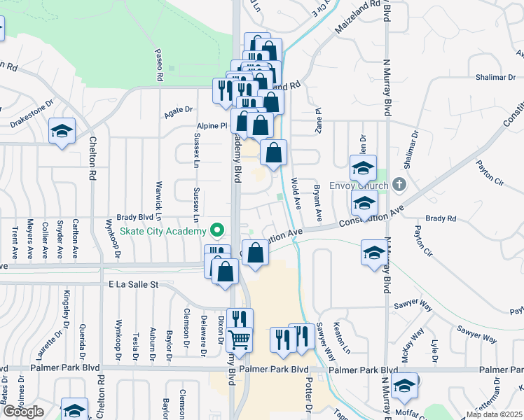 map of restaurants, bars, coffee shops, grocery stores, and more near 1969 N Academy Blvd in Colorado Springs