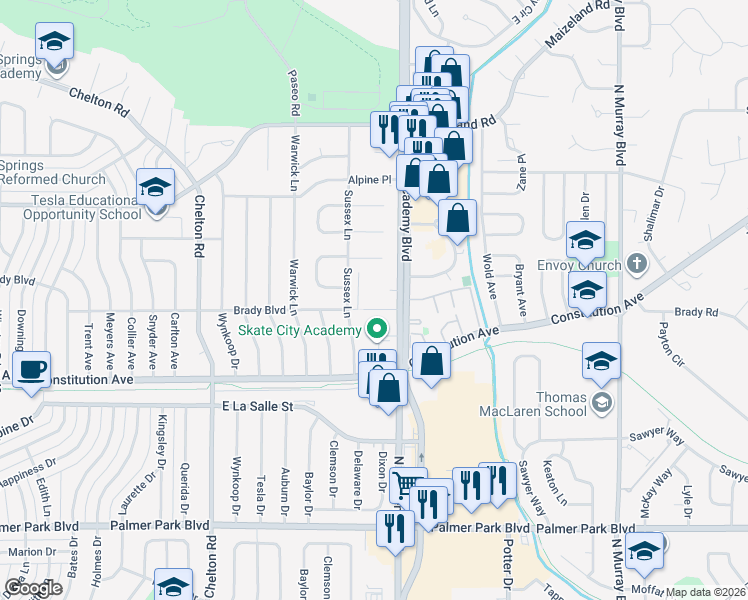 map of restaurants, bars, coffee shops, grocery stores, and more near 2079 Sussex Lane in Colorado Springs