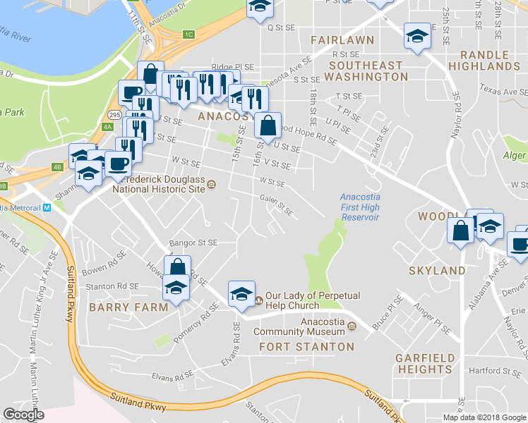 map of restaurants, bars, coffee shops, grocery stores, and more near 2319 Green Street Southeast in Washington