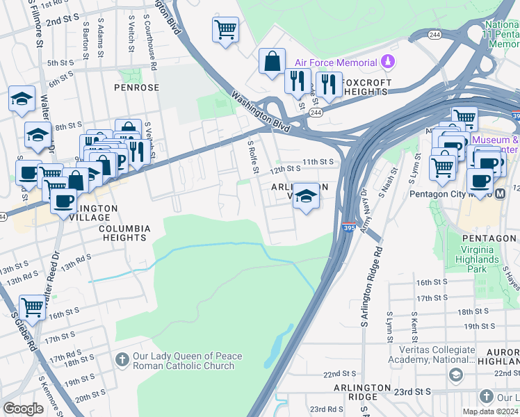 map of restaurants, bars, coffee shops, grocery stores, and more near 1317 South Rolfe Street in Arlington