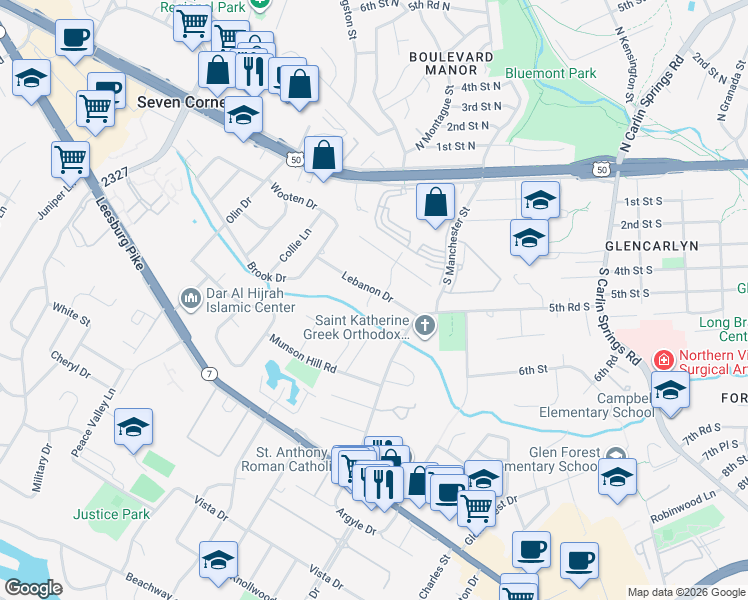 map of restaurants, bars, coffee shops, grocery stores, and more near 6013 Lebanon Drive in Falls Church