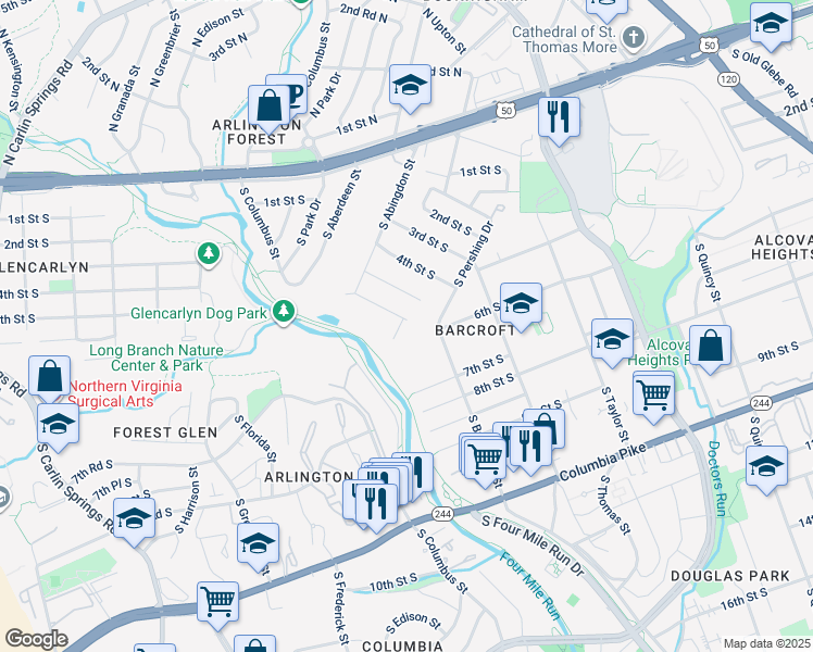 map of restaurants, bars, coffee shops, grocery stores, and more near 601 South Woodstock Street in Arlington