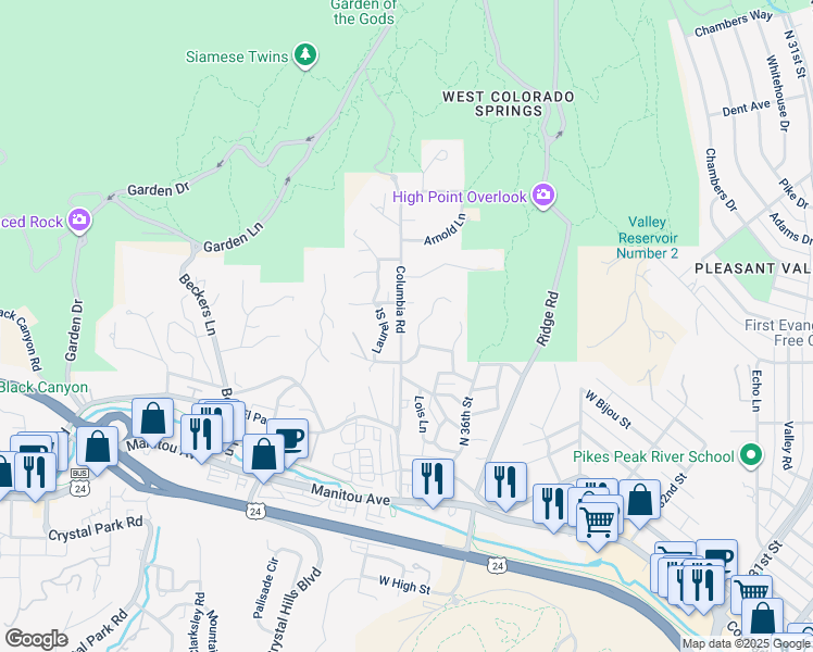 map of restaurants, bars, coffee shops, grocery stores, and more near 415 Columbia Road in Colorado Springs