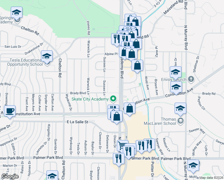 map of restaurants, bars, coffee shops, grocery stores, and more near 2079 Sussex Lane in Colorado Springs