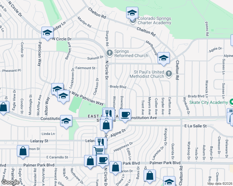 map of restaurants, bars, coffee shops, grocery stores, and more near 2024 Winston Road in Colorado Springs