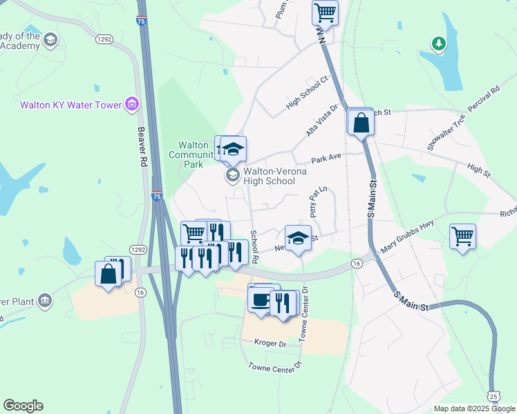 map of restaurants, bars, coffee shops, grocery stores, and more near 25 Kuchle Drive in Walton